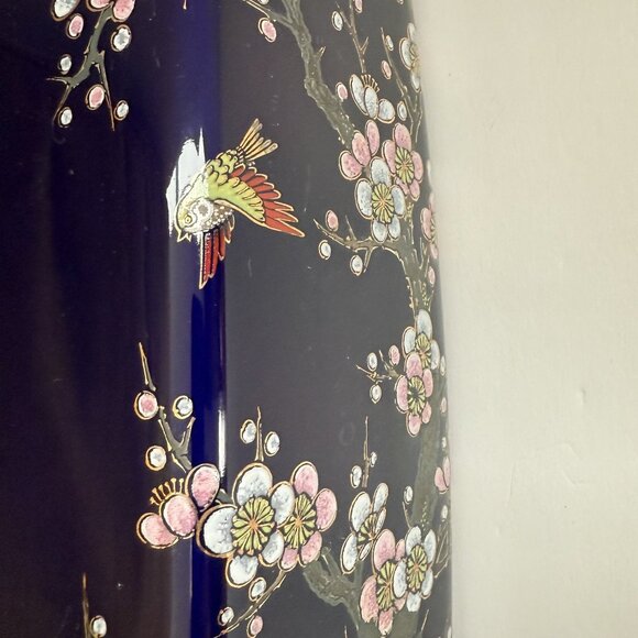 Handpainted MCI Japan Porcelain Cobalt Vase With Cherry Blossom and Bird Motif - Picture 4 of 8